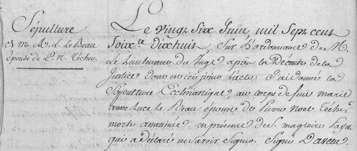 Acte décès LEBEAU Marie Anne Luce
1778